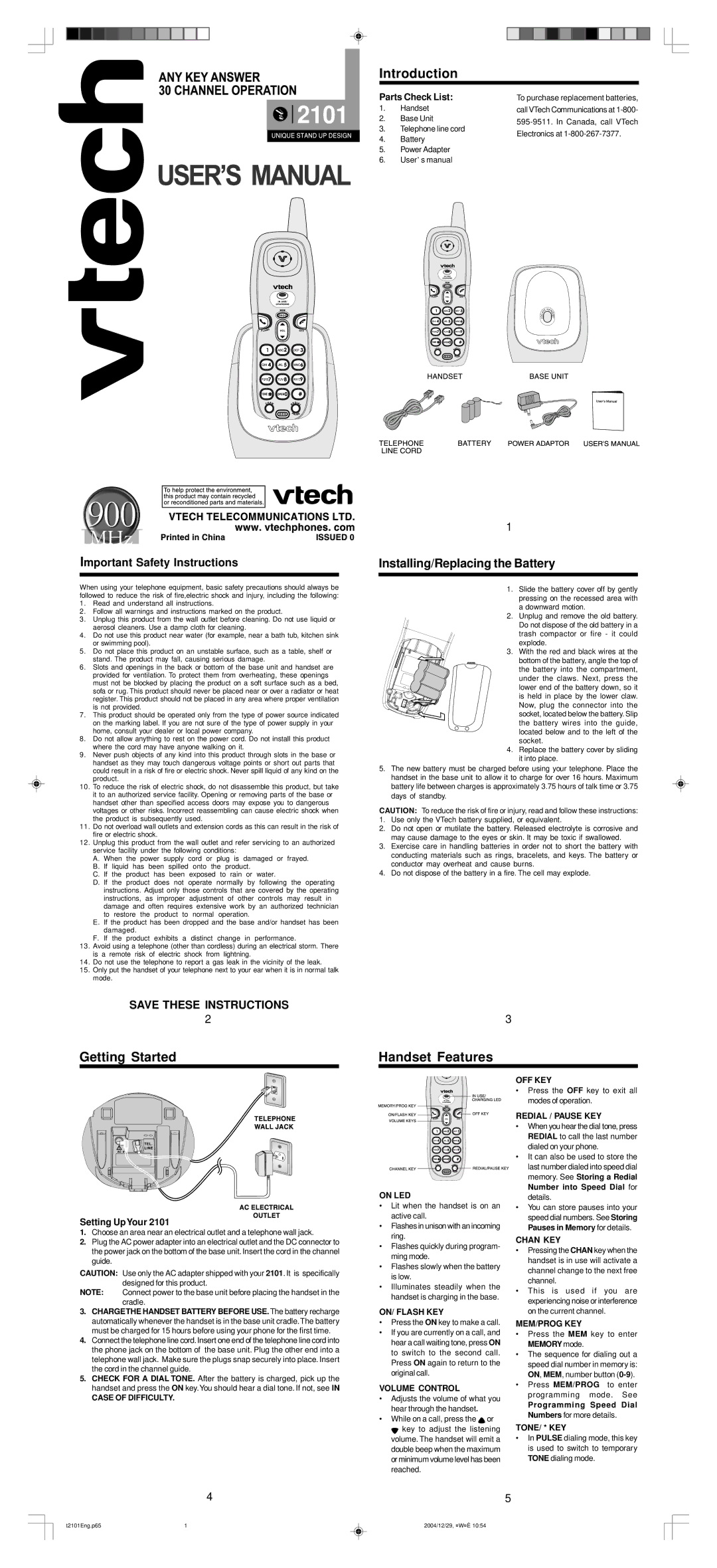 VTech 2101 user manual Introduction, Getting Started Handset Features 