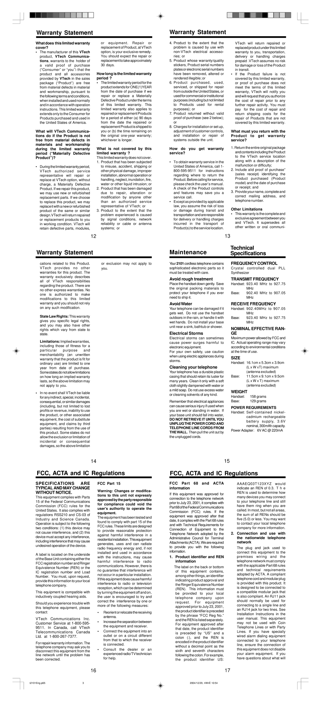 VTech 2101 user manual Warranty Statement Maintenance, FCC, Acta and IC Regulations, Power Requirements 