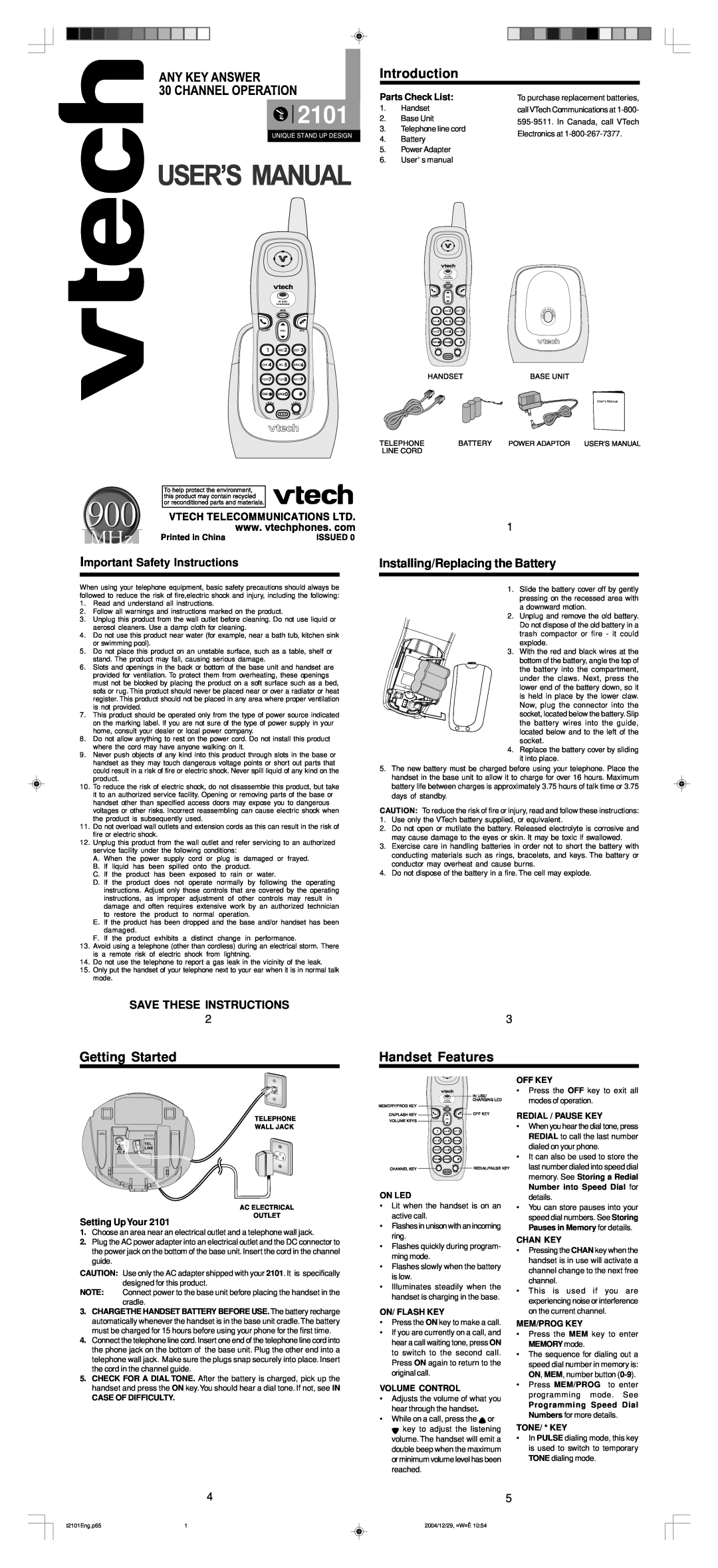 VTech 2101 user manual Introduction, Getting Started, Handset Features, Installing/Replacing the Battery 