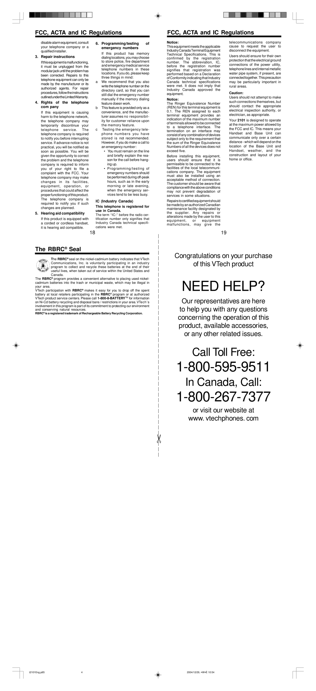 VTech 2101 user manual The RBRC Seal, Need Help?, Call Toll Free, In Canada, Call, or visit our website at 