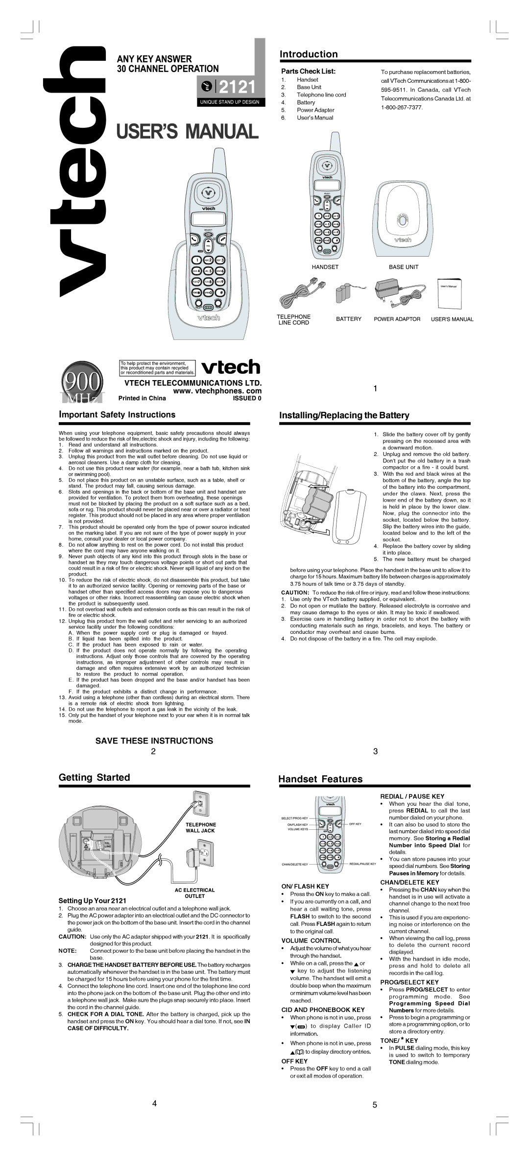 VTech 2121 user manual Getting Started Introduction, Handset Features, Parts Check List, Setting Up Your 