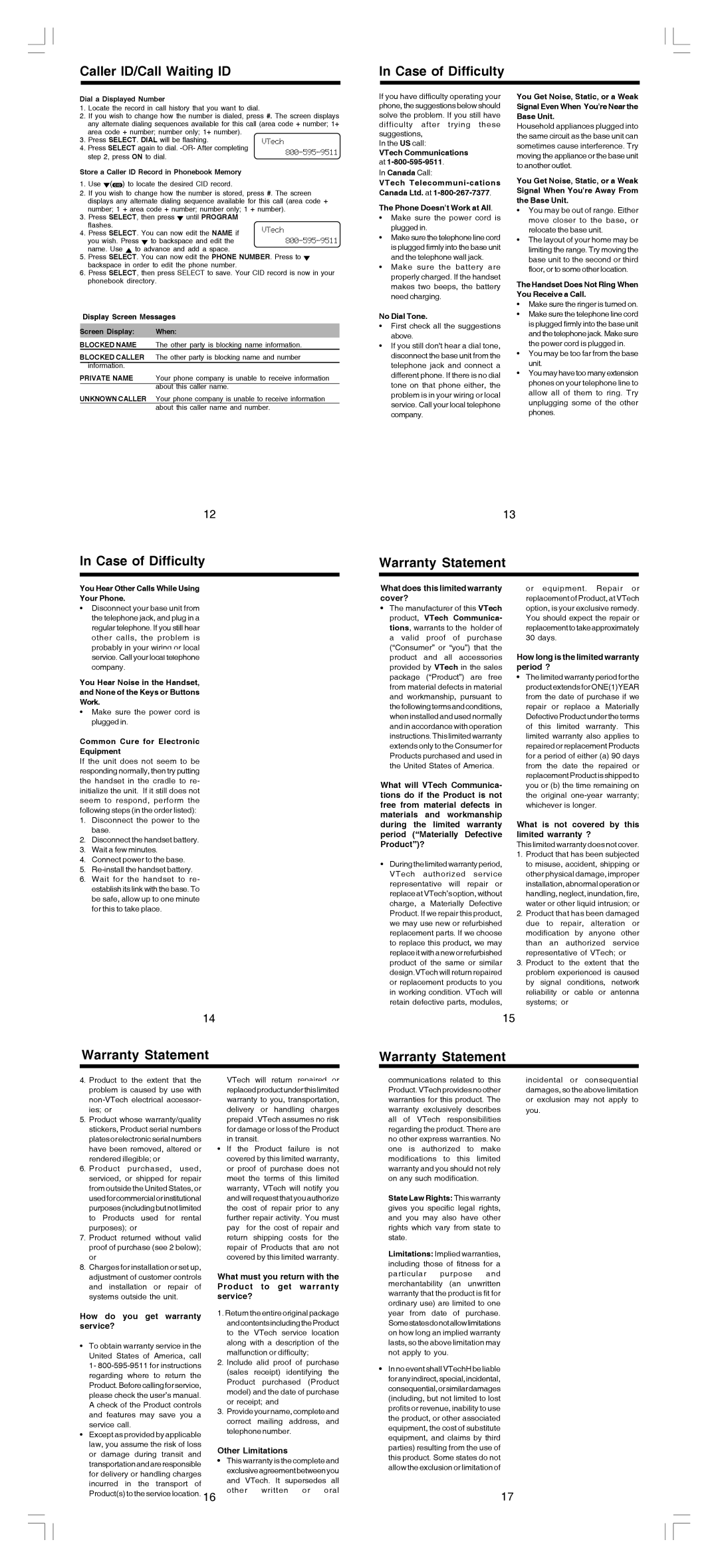 VTech 2121 user manual Caller ID/Call Waiting ID Case of Difficulty, Case of Difficulty Warranty Statement 