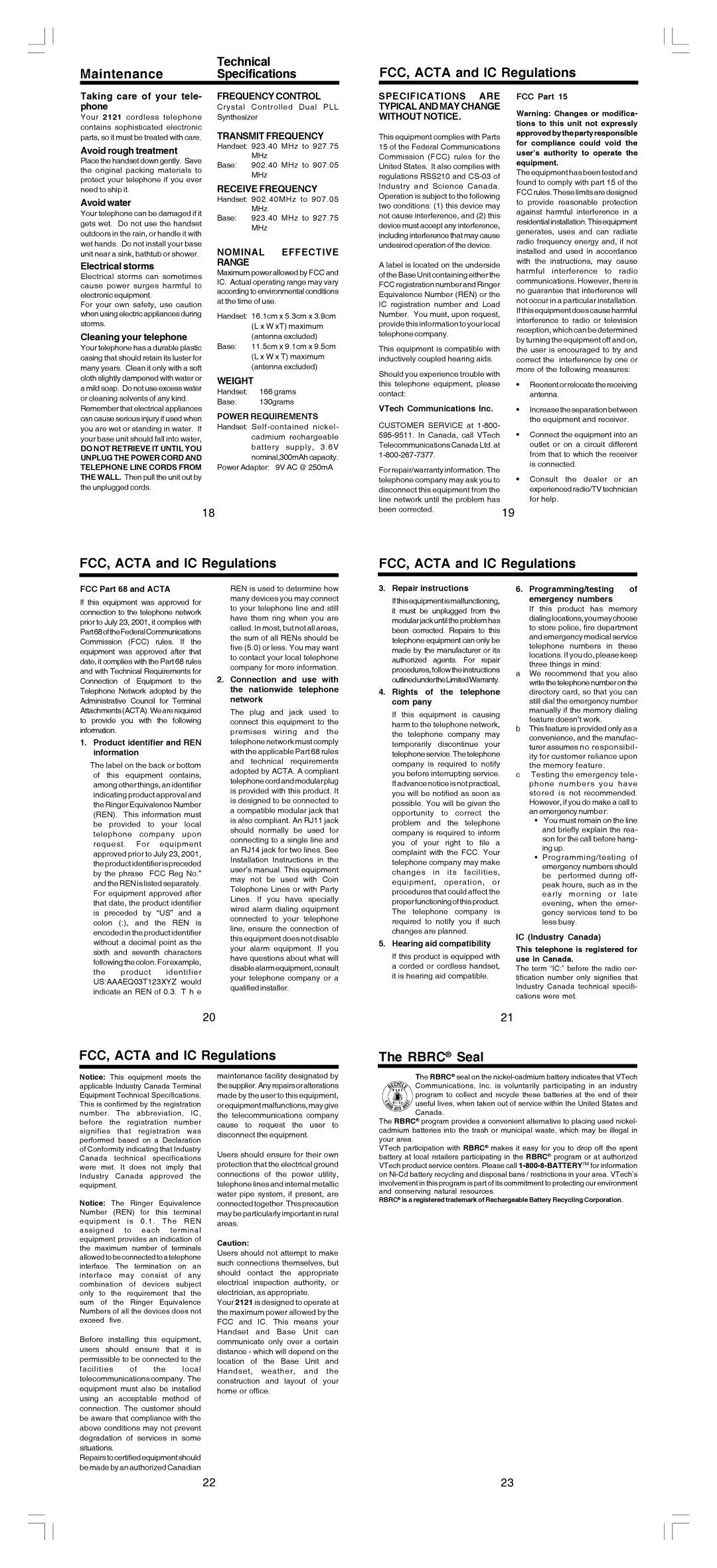 VTech 2121 user manual FCC, Acta and IC Regulations Rbrc Seal 