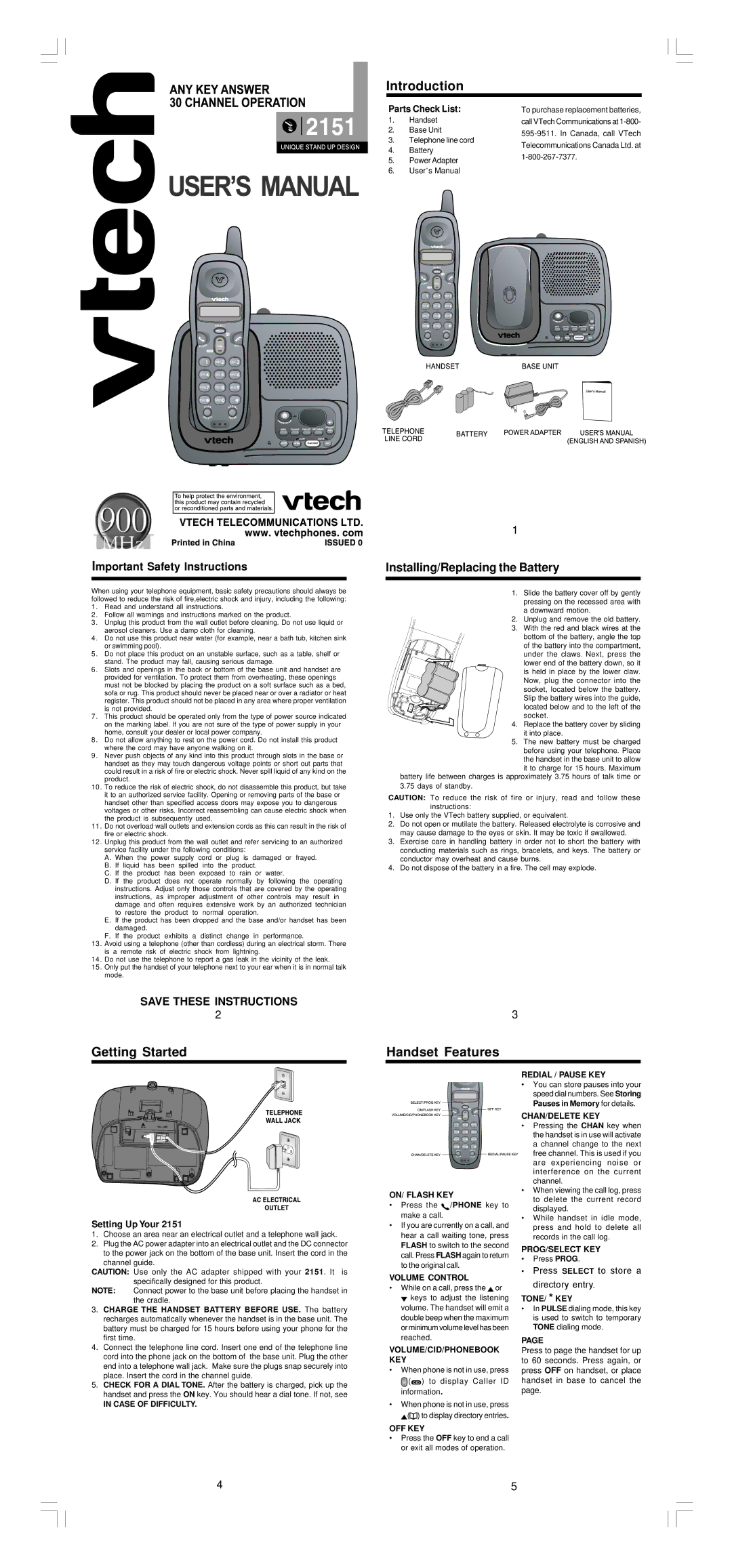 VTech 2151 user manual Getting Started Introduction, Handset Features, Important Safety Instructions, Parts Check List 