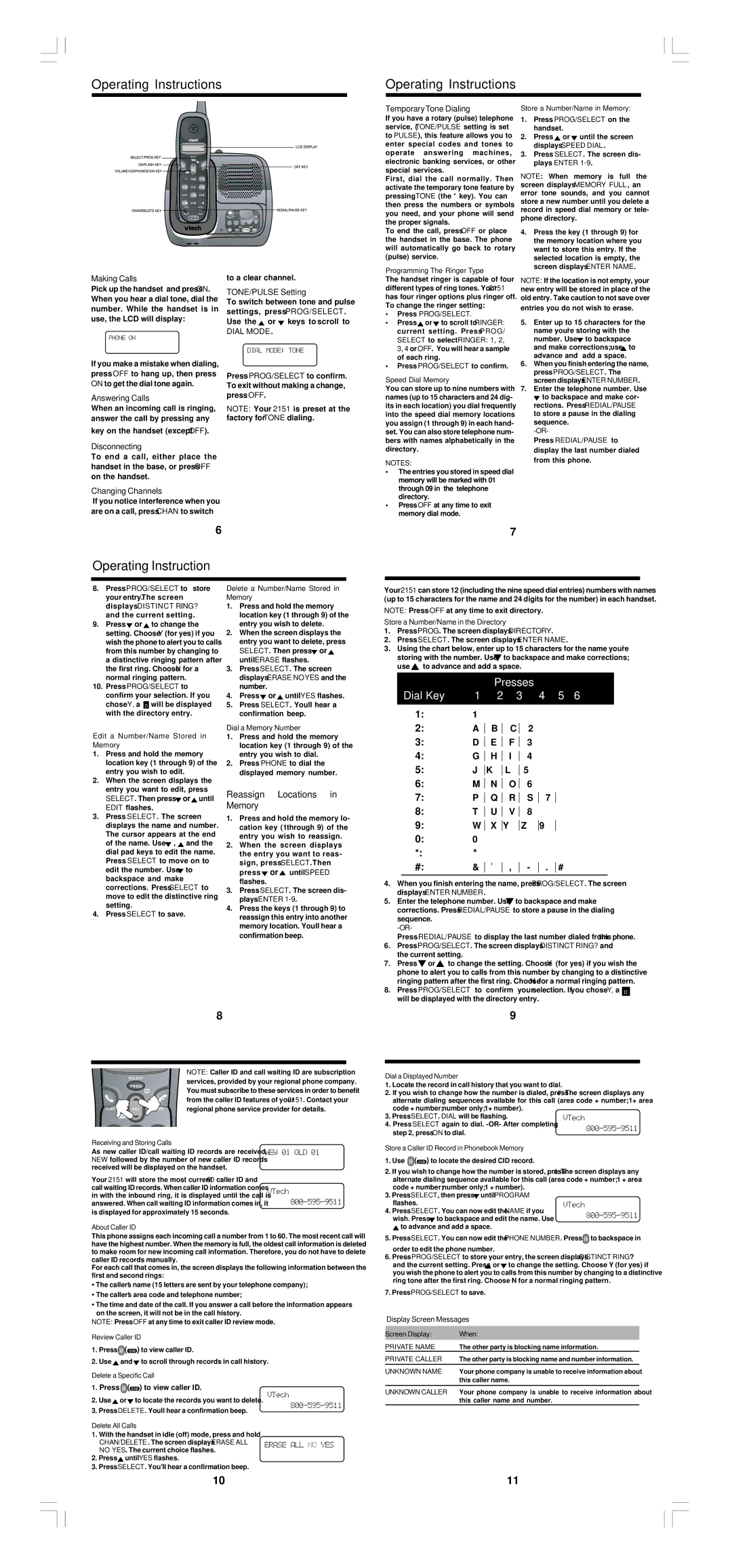 VTech 2151 user manual Operating Instructions, Presses Dial Key, Reassign Locations in Memory 