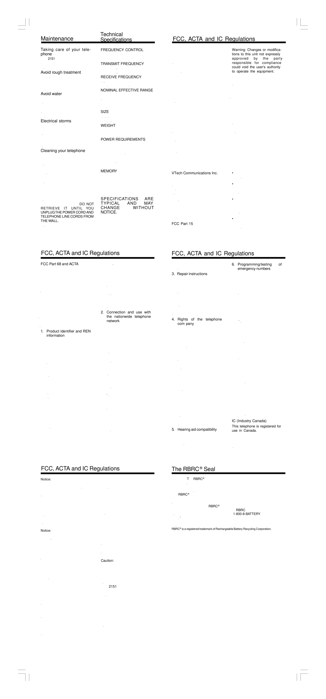 VTech 2151 user manual FCC, Acta and IC Regulations Rbrc Seal 