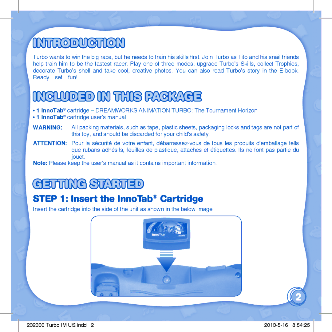 VTech 232300 user manual Introduction, Included in this Package, Getting Started, Insert the InnoTab Cartridge 