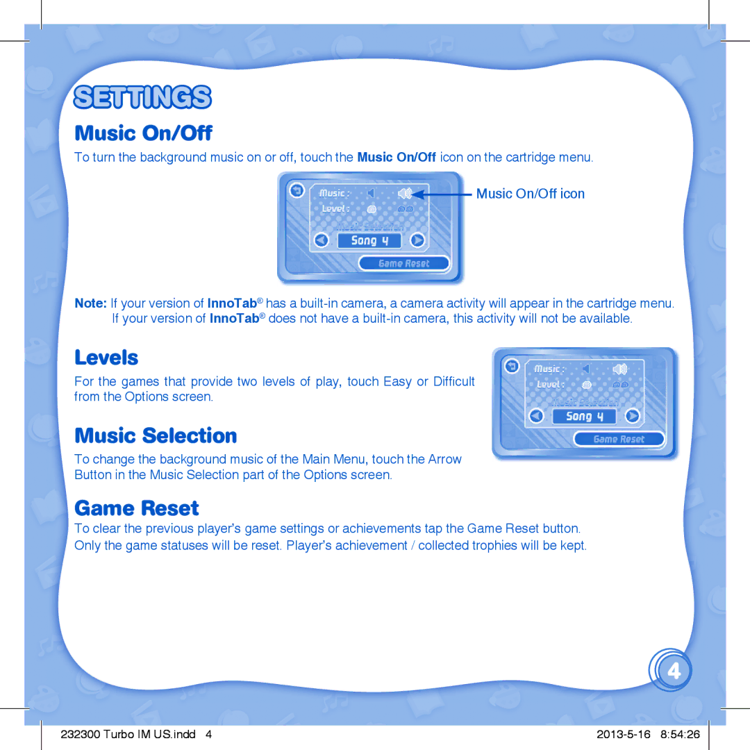 VTech 232300 user manual Settings, Music On/Off, Levels, Music Selection, Game Reset 