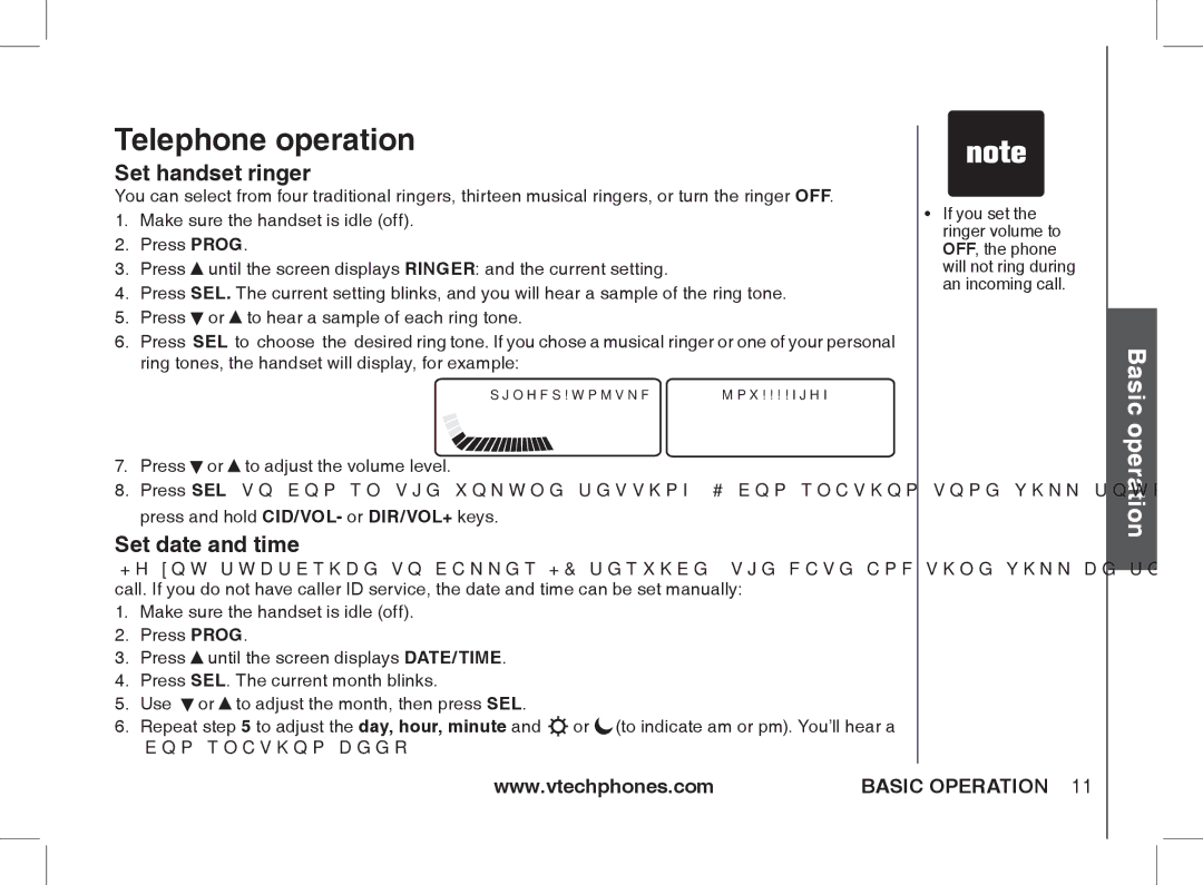 VTech 2338 user manual Telephone operation, Set handset ringer, Set date and time 