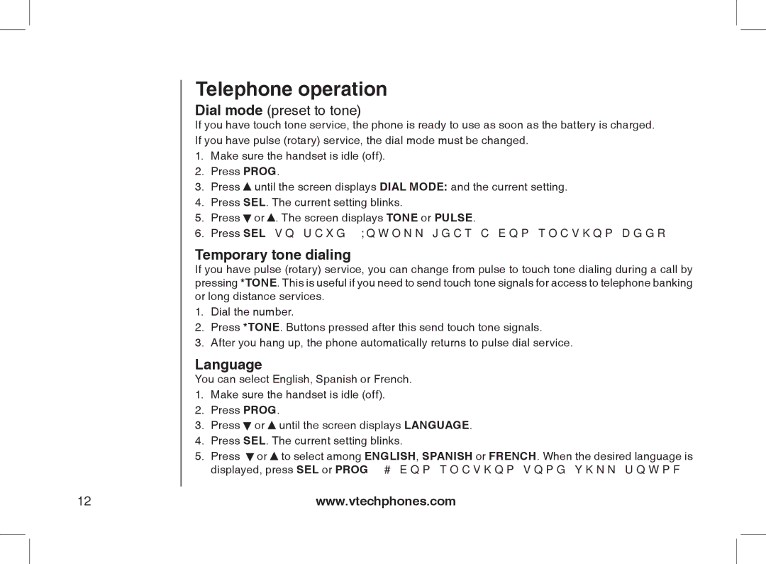 VTech 2338 user manual Temporary tone dialing, Language 