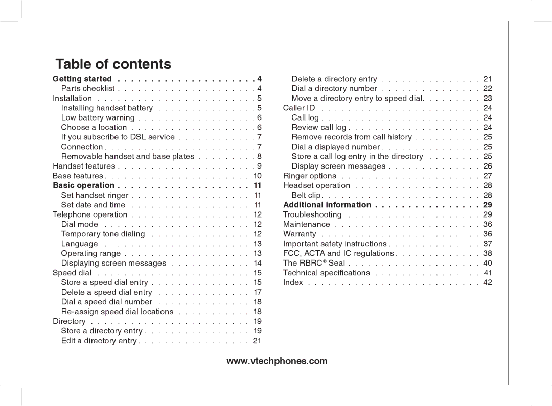 VTech 2338 user manual Table of contents 