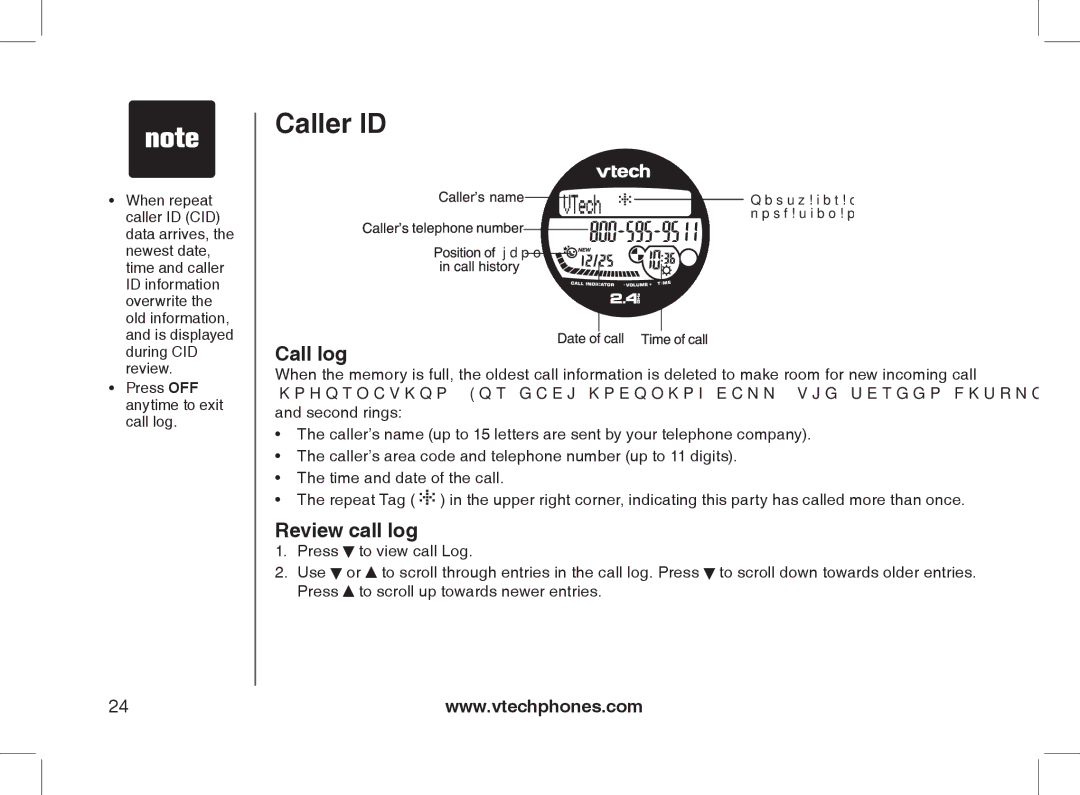 VTech 2338 user manual Caller ID, Call log, Review call log 