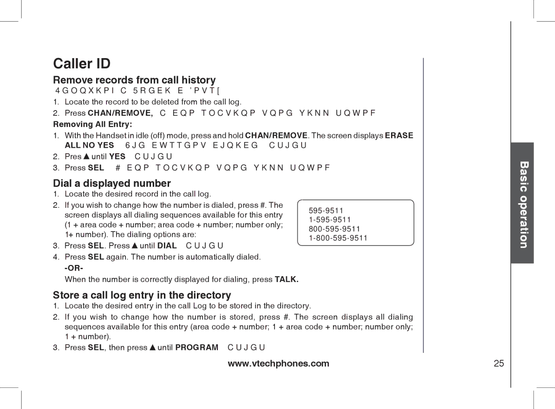 VTech 2338 user manual Remove records from call history, Dial a displayed number, Store a call log entry in the directory 