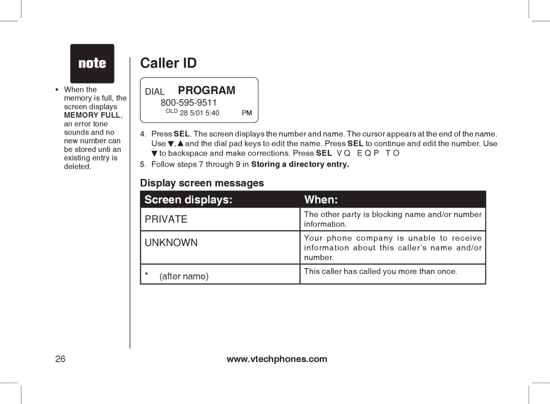 VTech 2338 user manual Dial Program, Display screen messages 