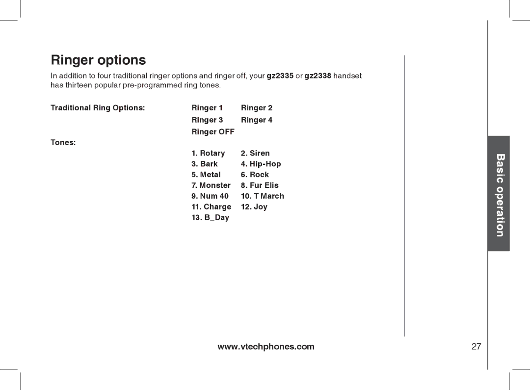 VTech 2338 user manual Ringer options 