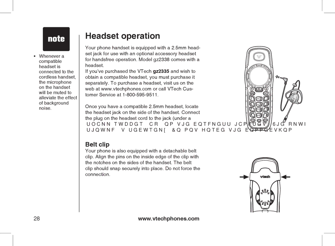 VTech 2338 user manual Headset operation, Belt clip 