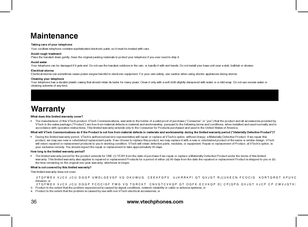 VTech 2338 user manual Maintenance, Warranty 