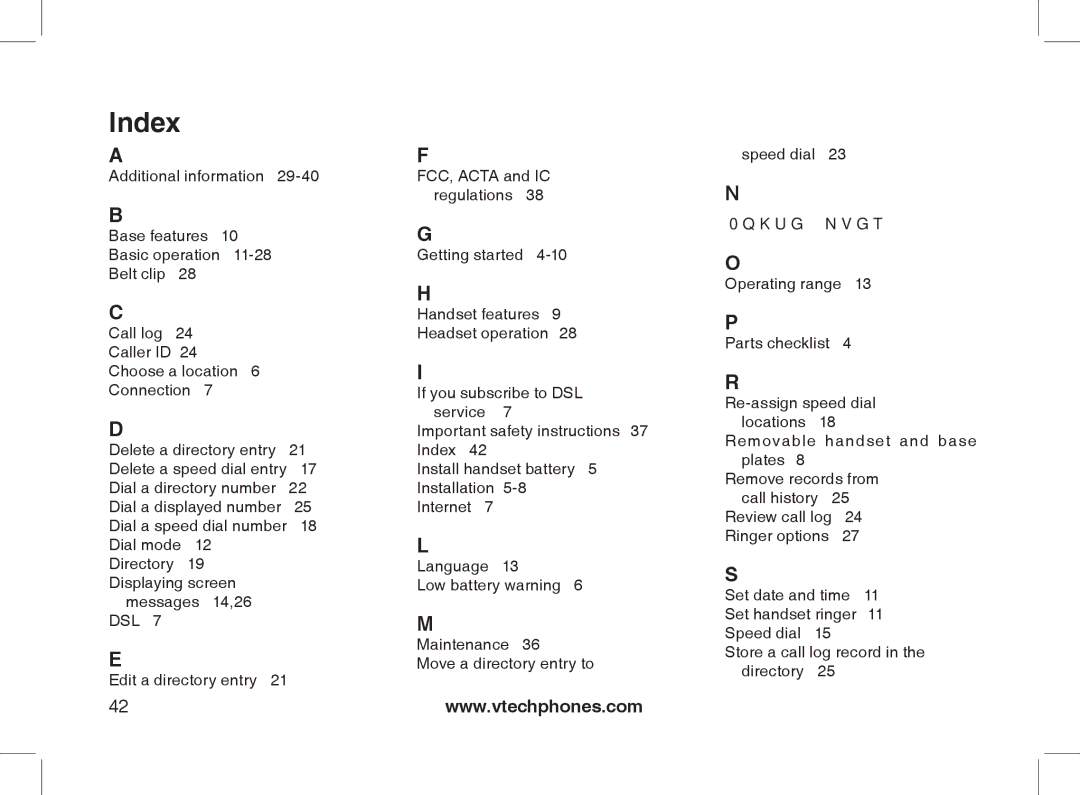 VTech 2338 user manual Index 