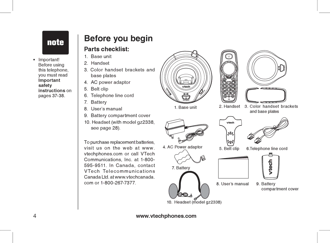 VTech 2338 user manual Before you begin, Parts checklist 