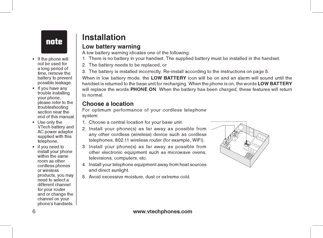 VTech 2338 user manual Low battery warning, Choose a location 