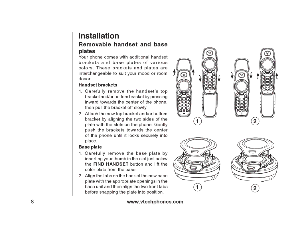 VTech 2338 user manual Removable handset and base plates, Handset brackets 