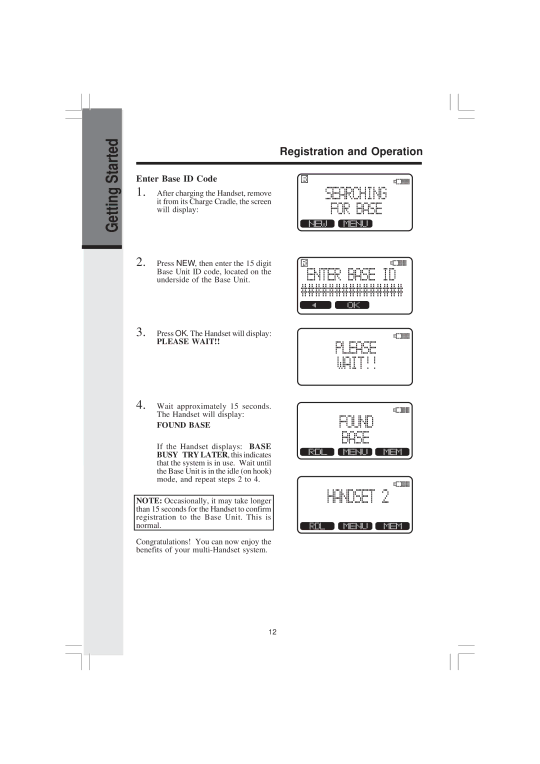 VTech 2420 important safety instructions Registration and Operation, Enter Base ID Code 