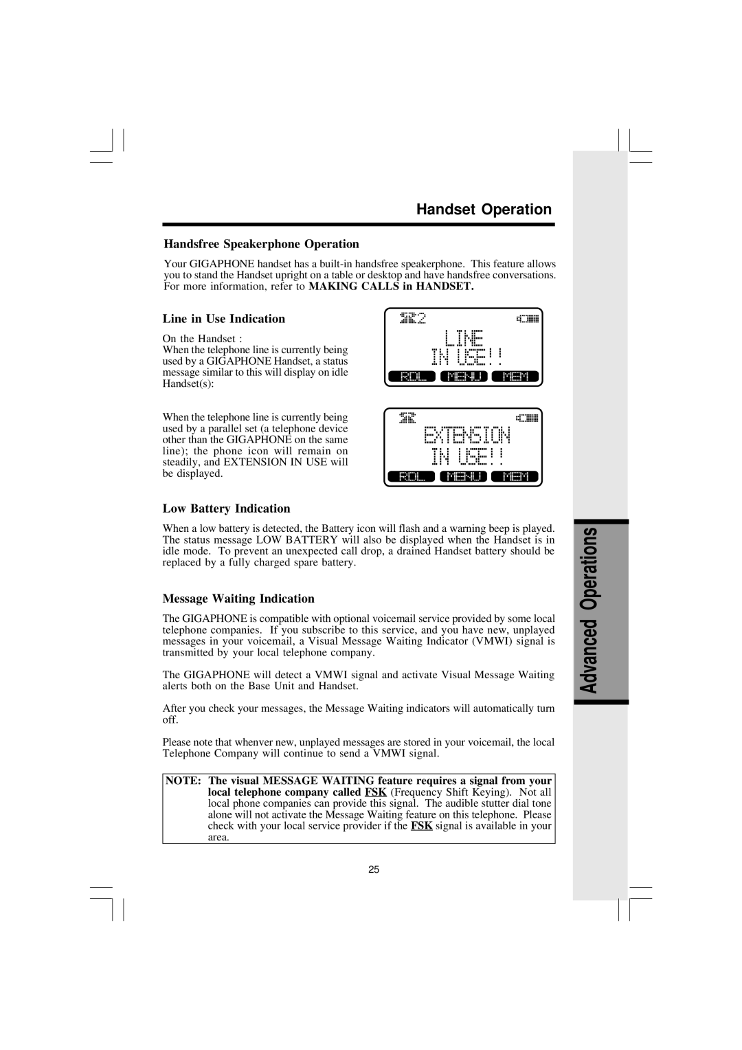 VTech 2420 Handsfree Speakerphone Operation, Line in Use Indication, Low Battery Indication, Message Waiting Indication 