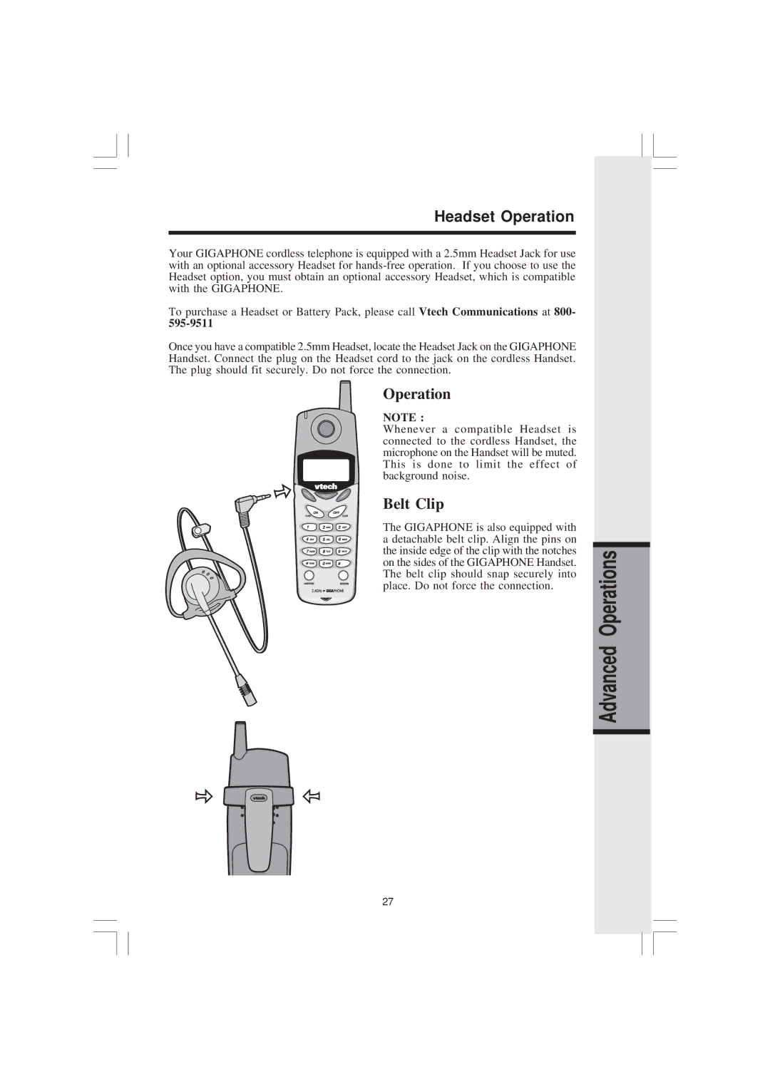 VTech 2420 important safety instructions Headset Operation 