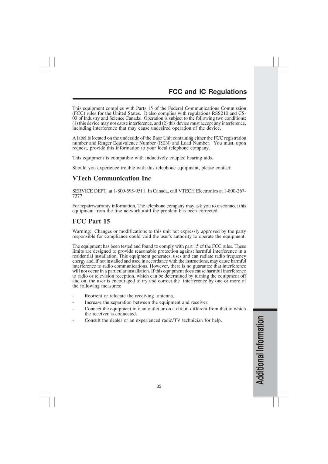 VTech 2420 important safety instructions FCC and IC Regulations, VTech Communication Inc 