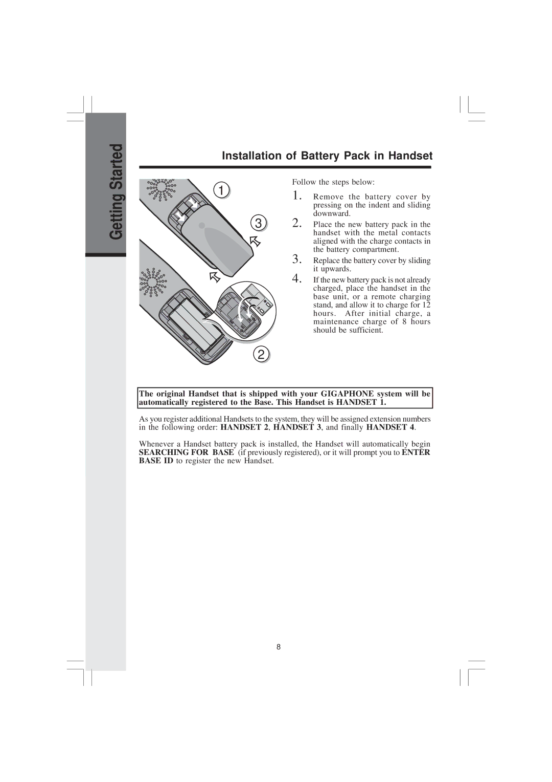 VTech 2420 important safety instructions Installation of Battery Pack in Handset 