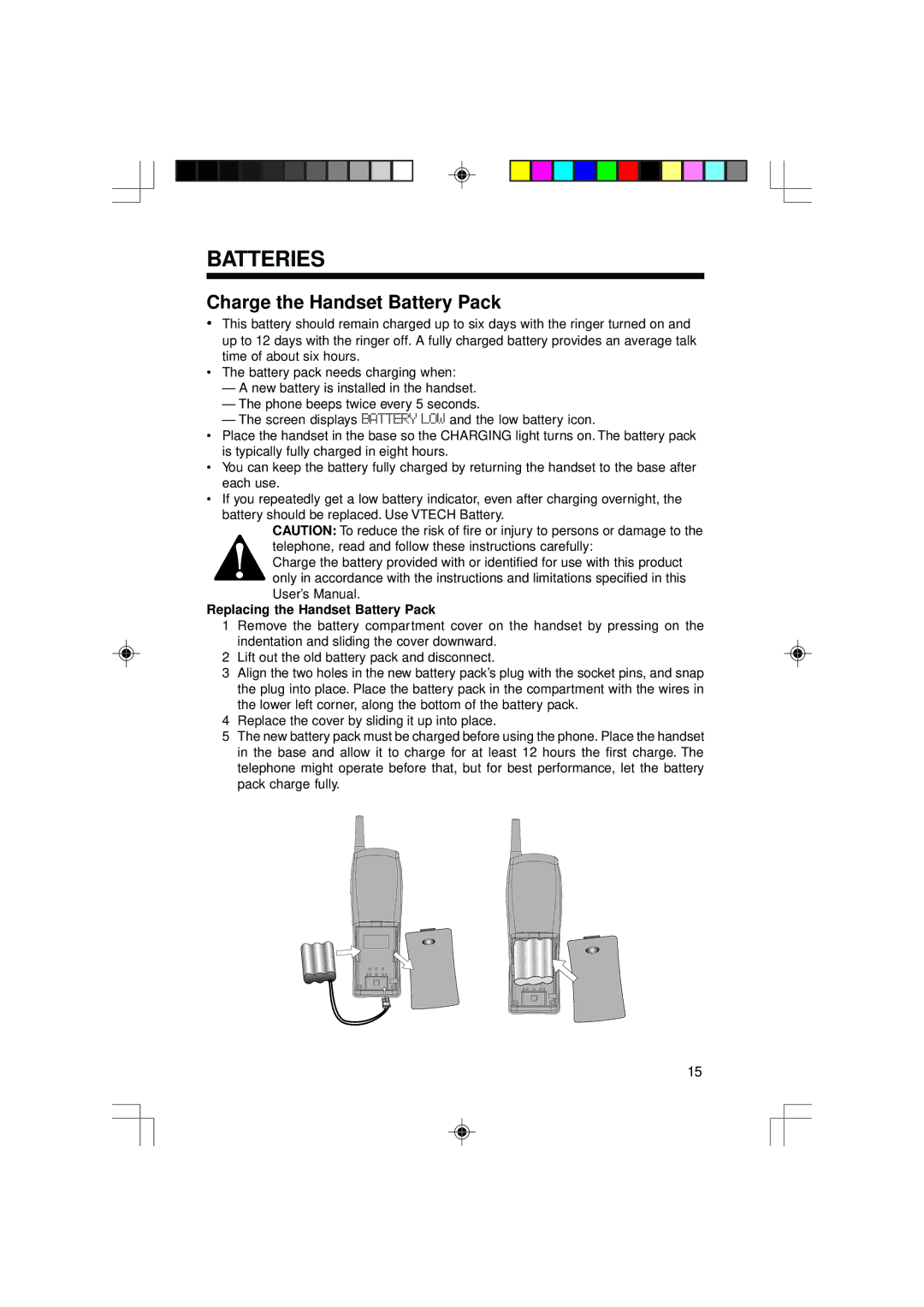 VTech 2428 manual Batteries, Replacing the Handset Battery Pack 