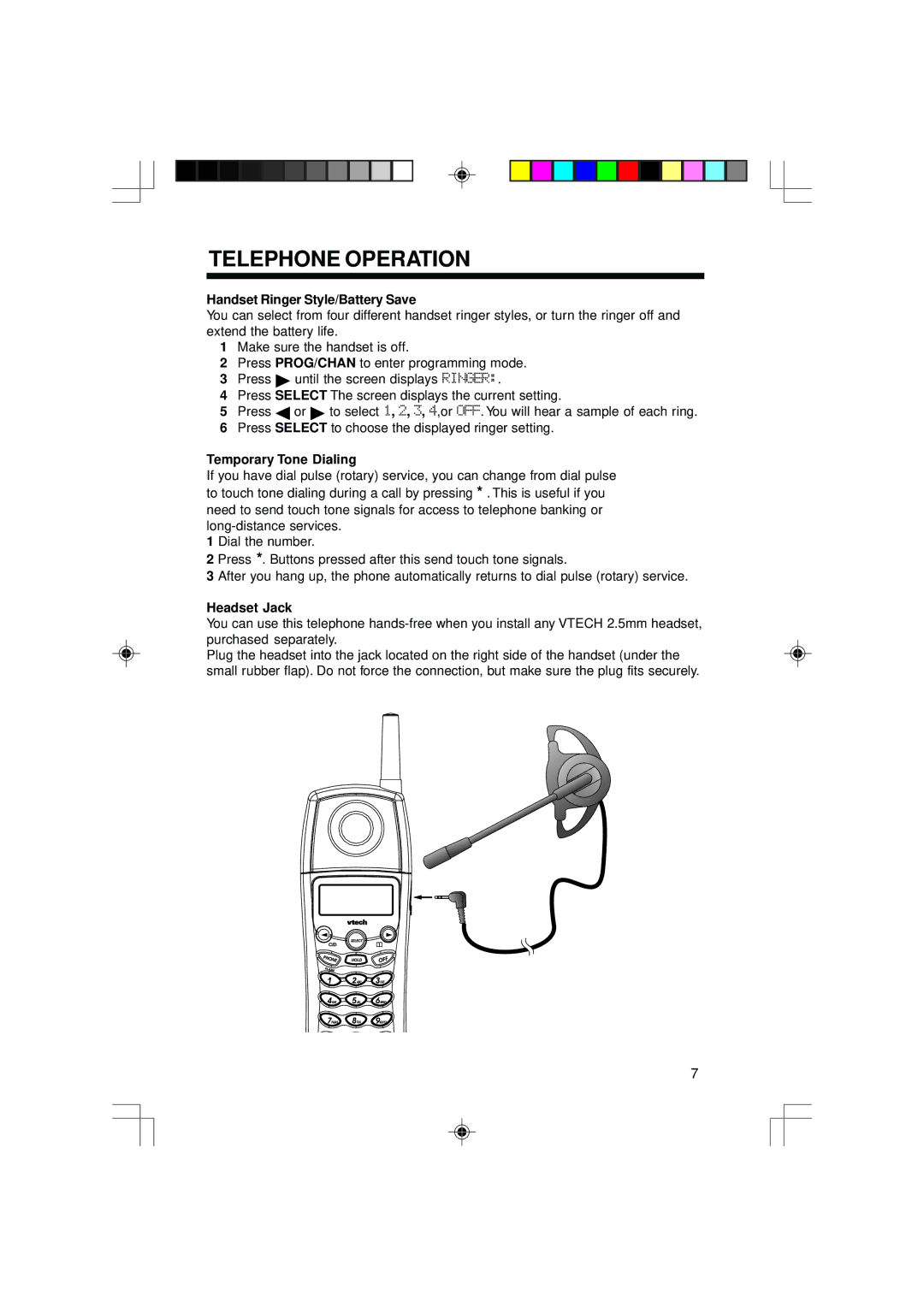 VTech 2428 manual Handset Ringer Style/Battery Save, Temporary Tone Dialing, Headset Jack 