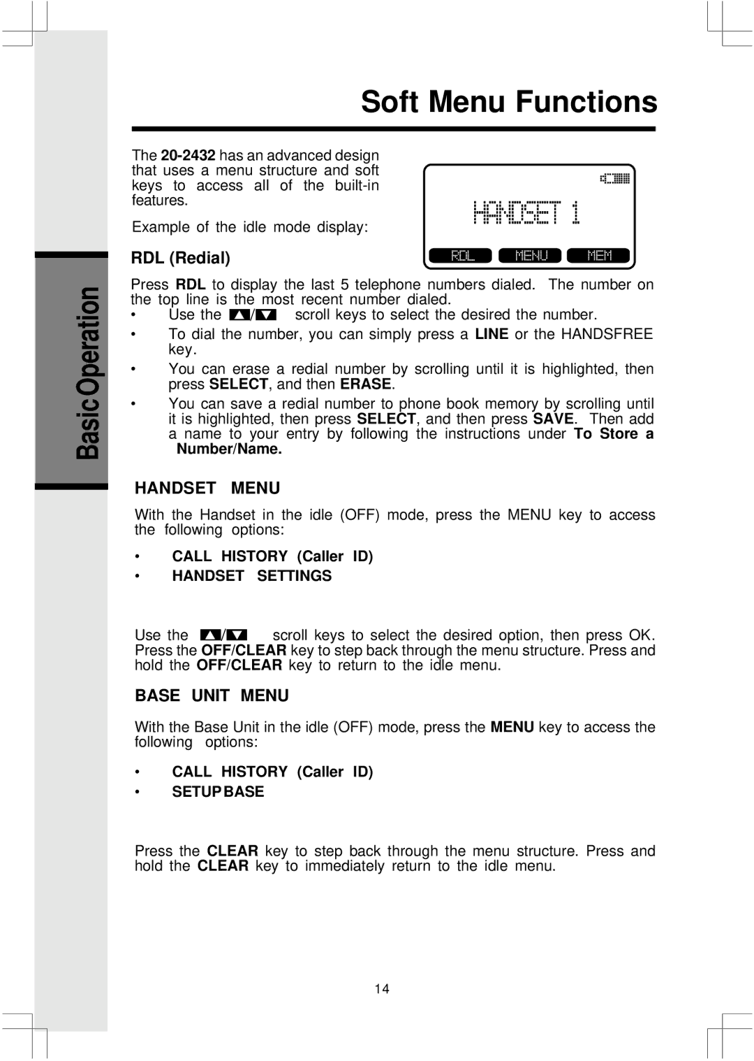 VTech 2432, 20 important safety instructions Soft Menu Functions, RDL Redial, Handset Menu, Base Unit Menu 