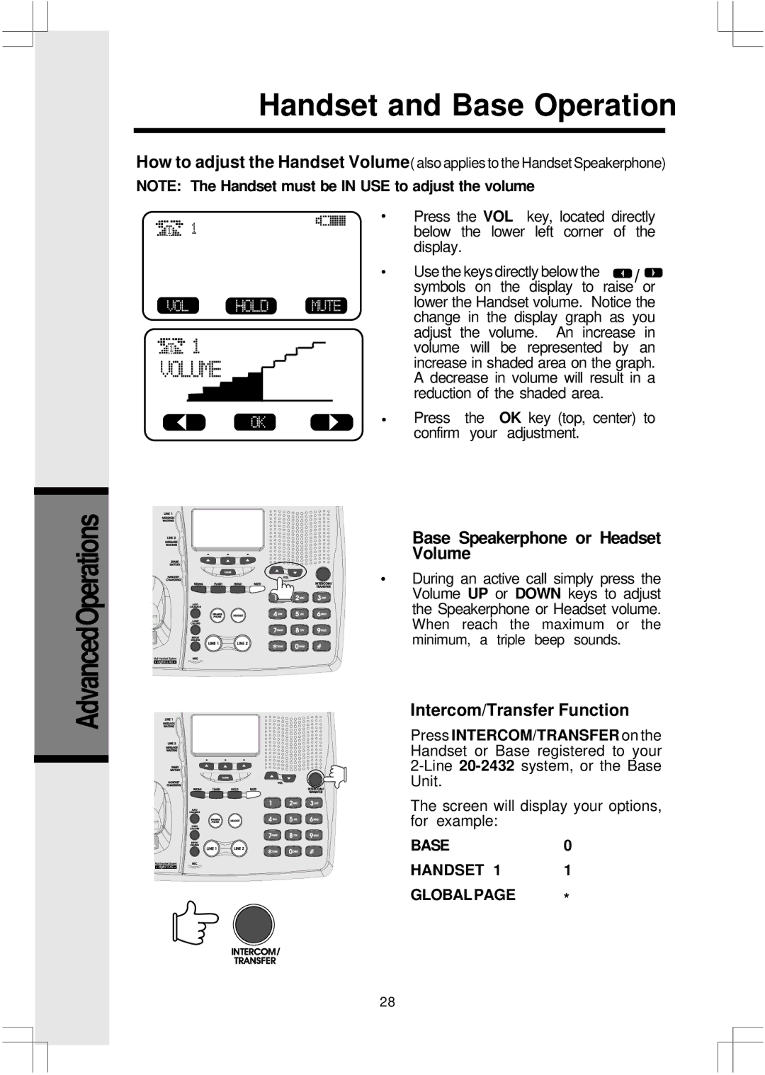 VTech 2432, 20 Base Speakerphone or Headset Volume, Intercom/Transfer Function, BASE0 Handset Globalpage 