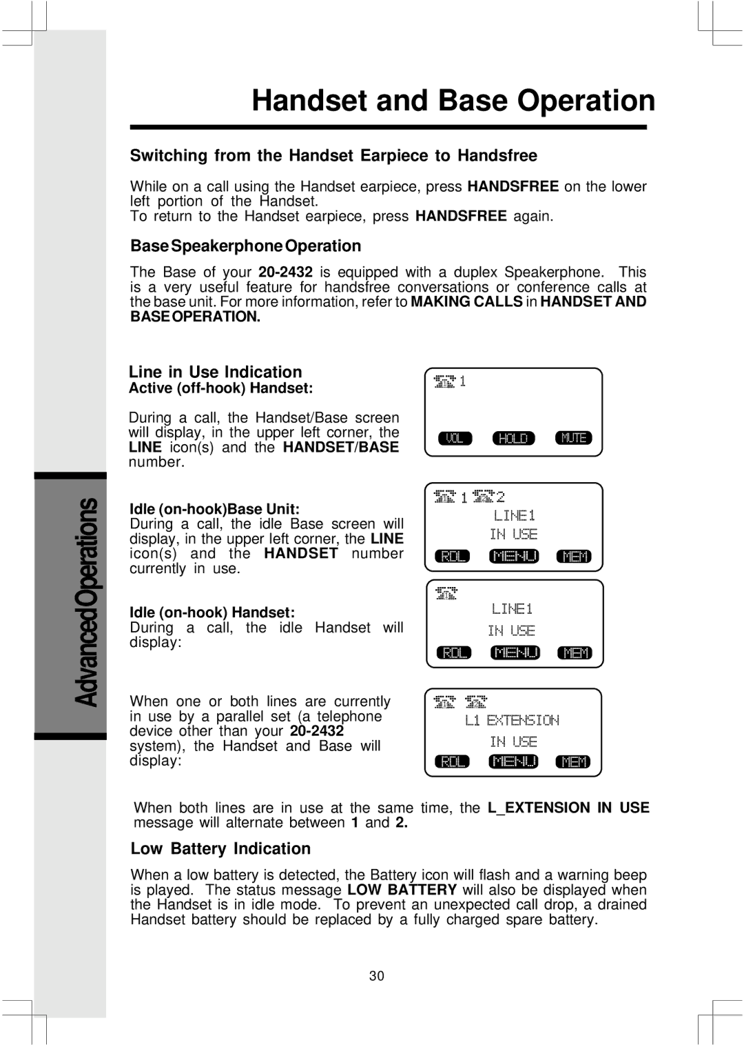 VTech 2432, 20 Switching from the Handset Earpiece to Handsfree, Base Speakerphone Operation, Line in Use Indication 