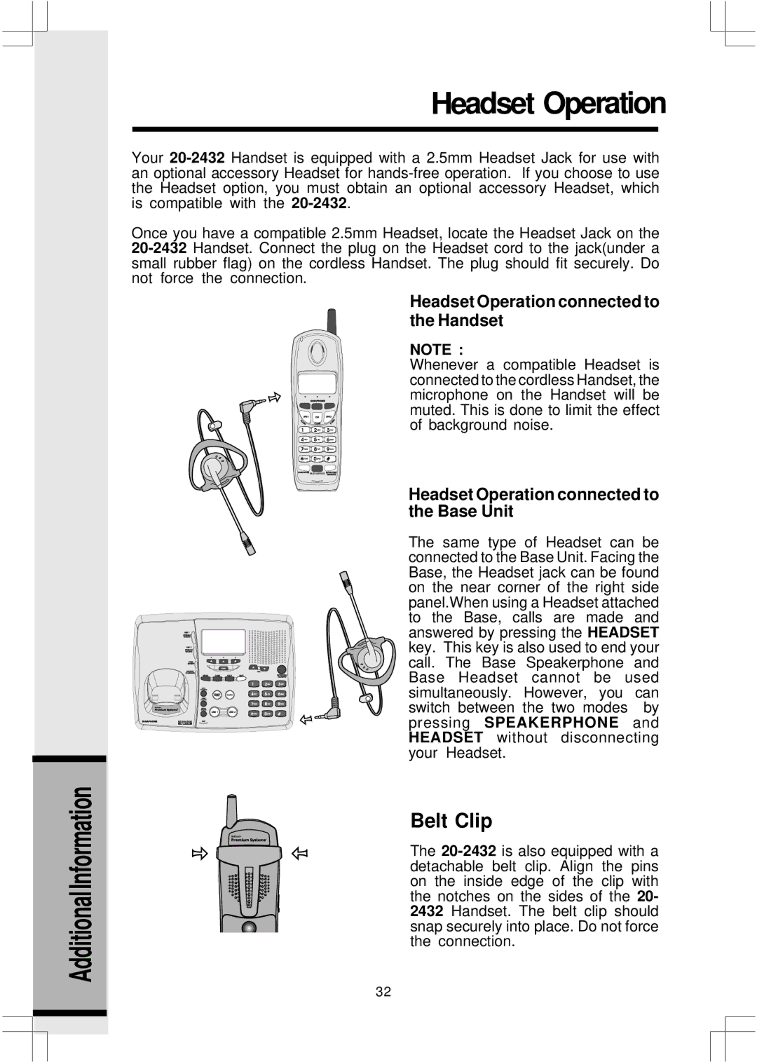 VTech 2432, 20 Headset Operation connected to the Handset, Headset Operation connected to the Base Unit 