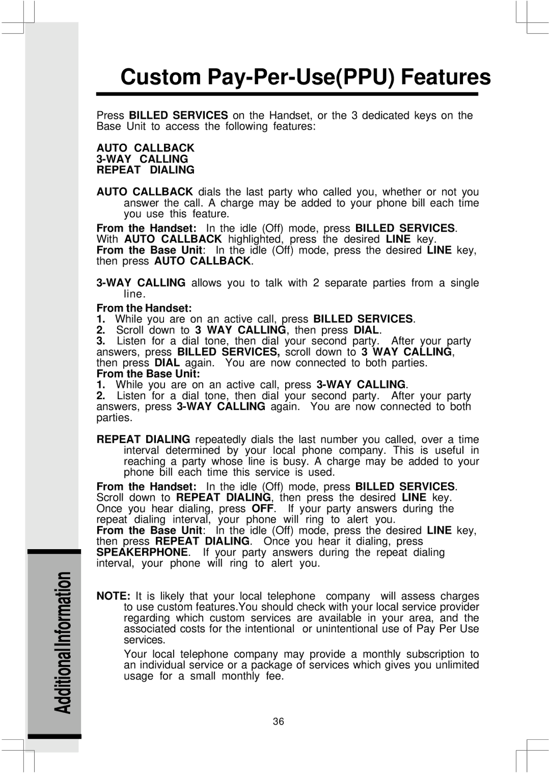 VTech 2432, 20 important safety instructions Custom Pay-Per-UsePPU Features, Auto Callback 3-WAY Calling Repeat Dialing 