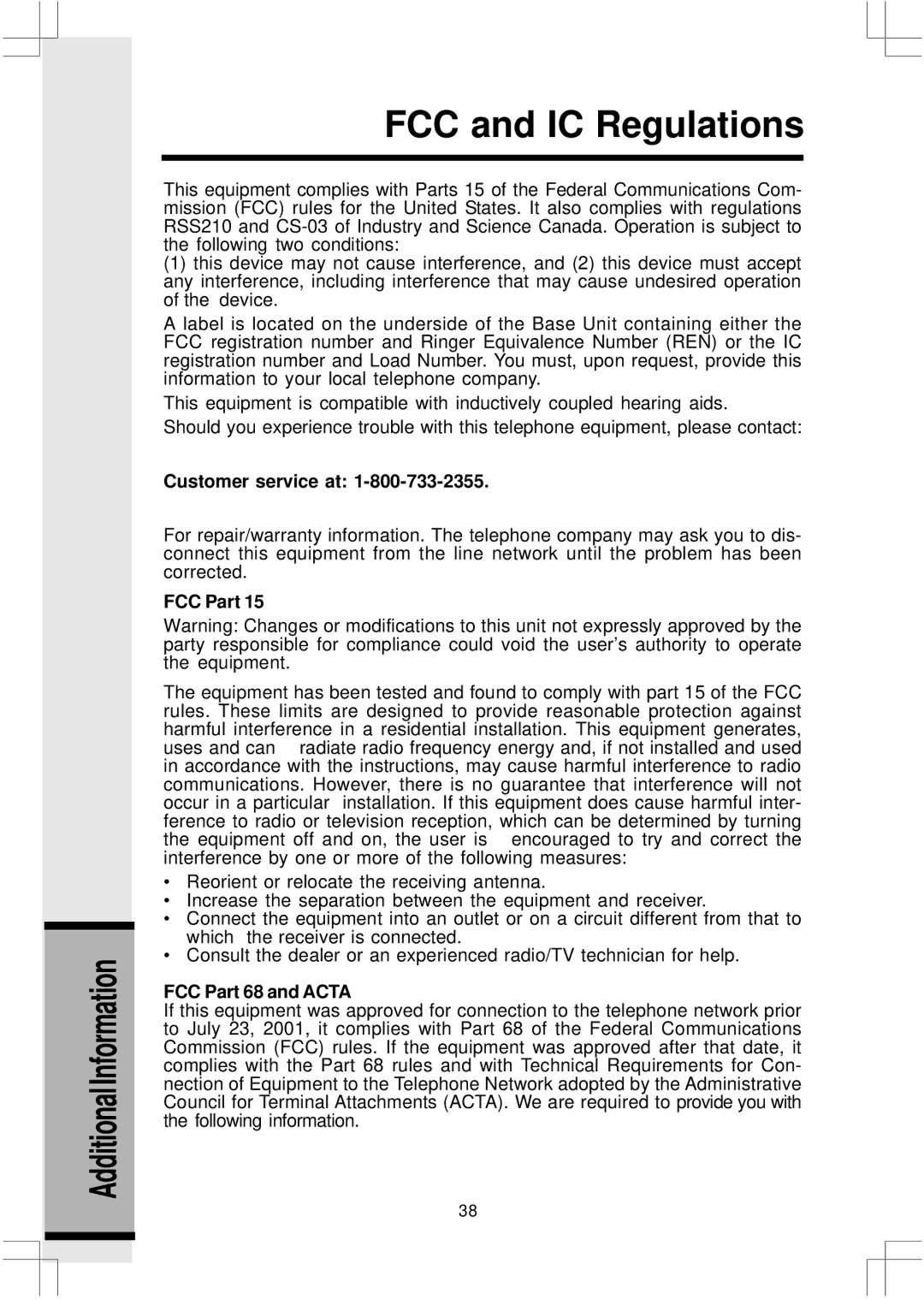 VTech 2432, 20 important safety instructions FCC and IC Regulations, Customer service at, FCC Part 68 and Acta 