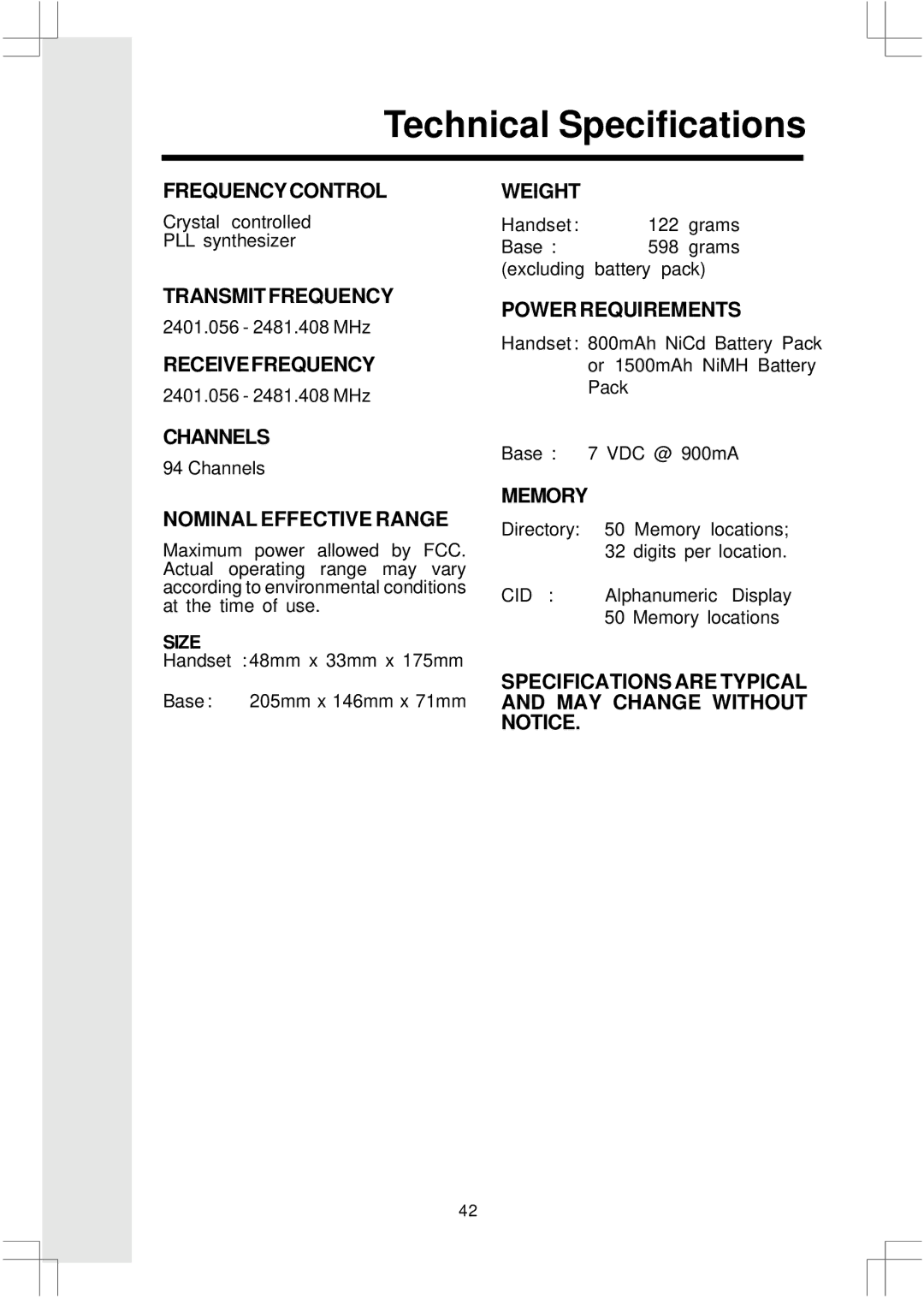 VTech 2432, 20 important safety instructions Technical Specifications 