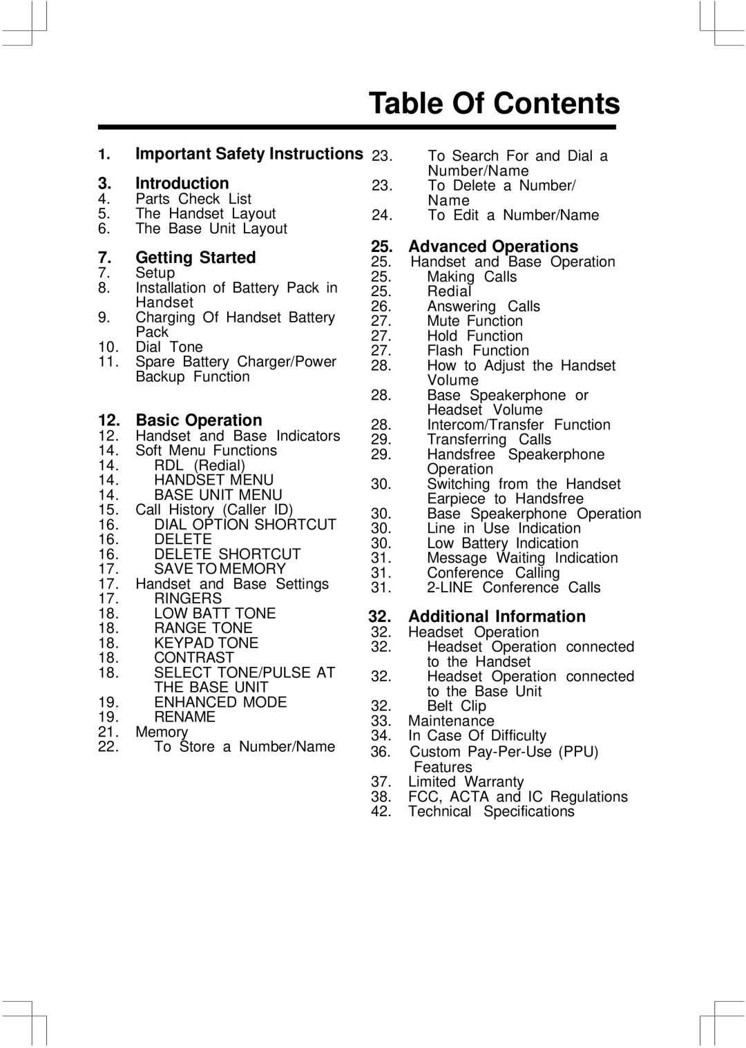 VTech 2432, 20 important safety instructions Table Of Contents 