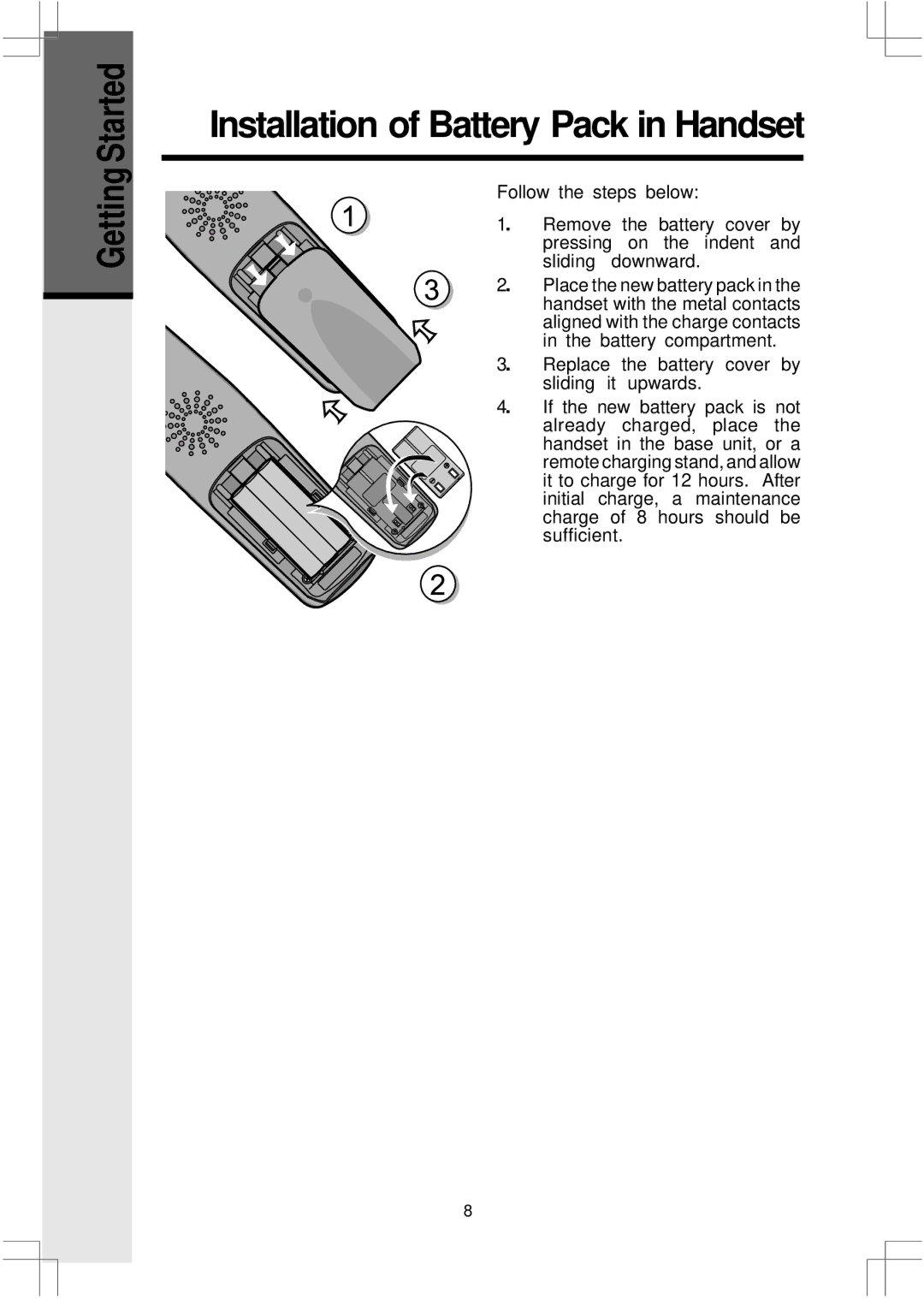 VTech 2432, 20 important safety instructions Installation of Battery Pack in Handset 