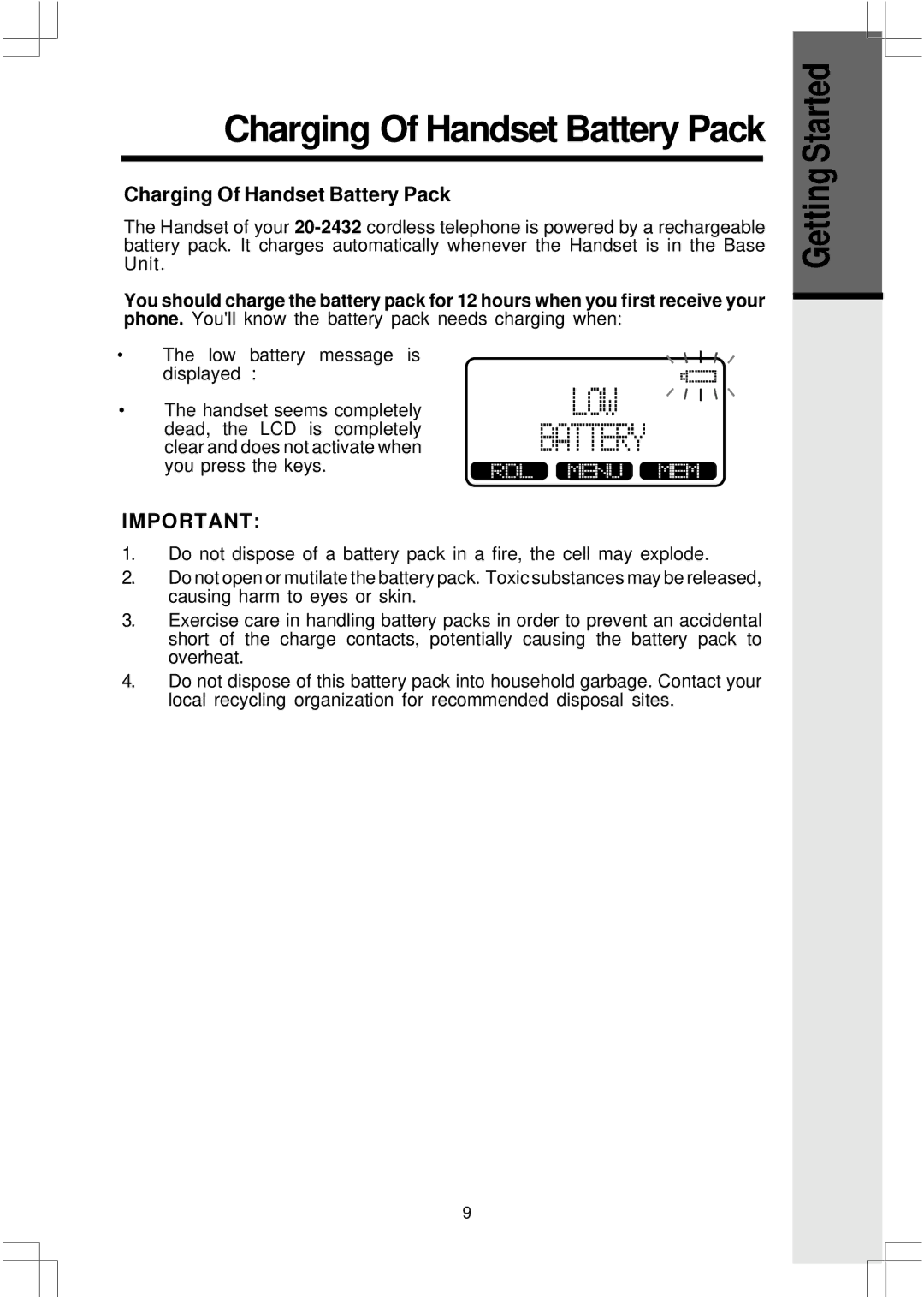 VTech 20, 2432 important safety instructions Charging Of Handset Battery Pack 