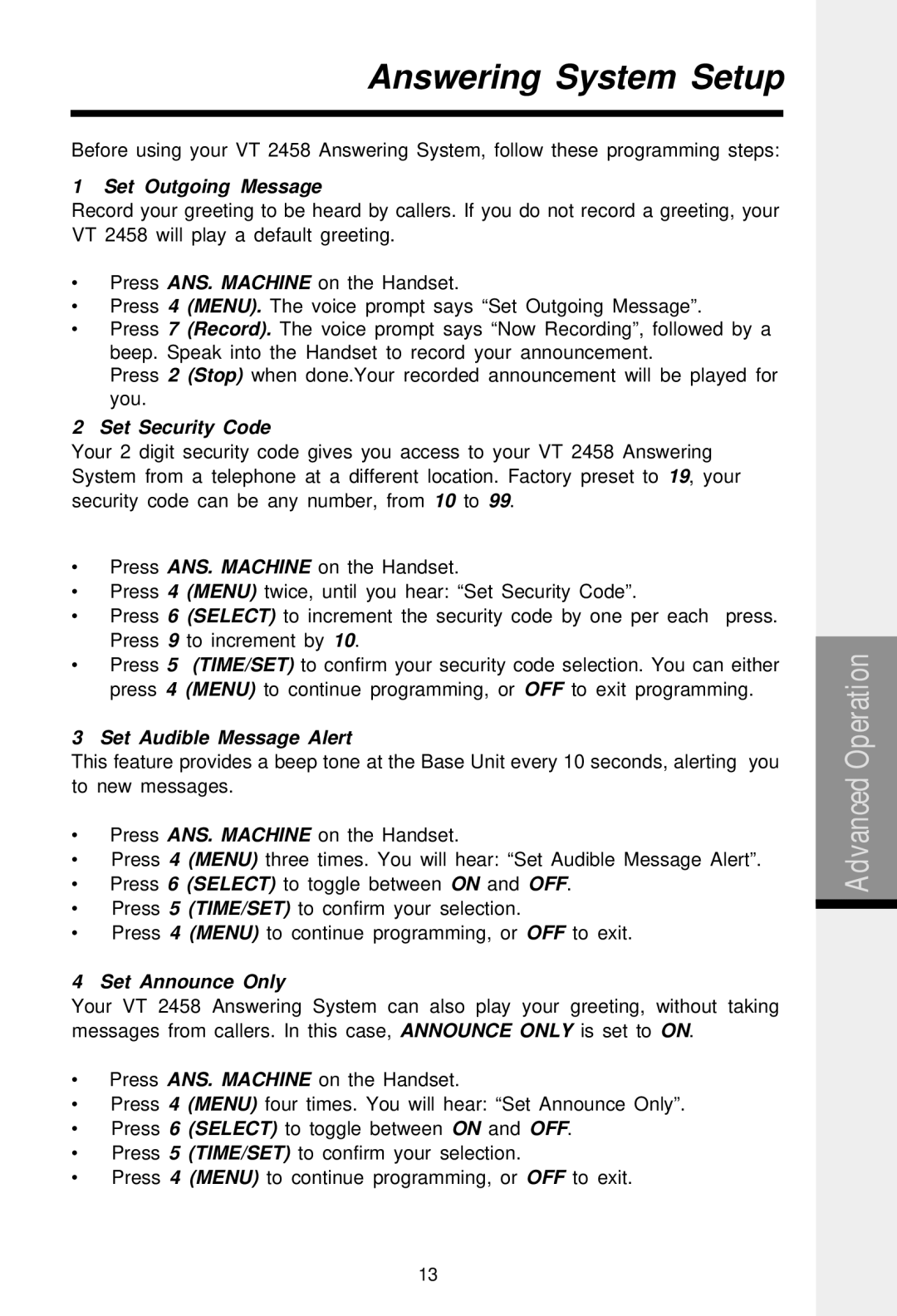 VTech 2458 Answering System Setup, Set Outgoing Message, Set Security Code, Set Audible Message Alert, Set Announce Only 