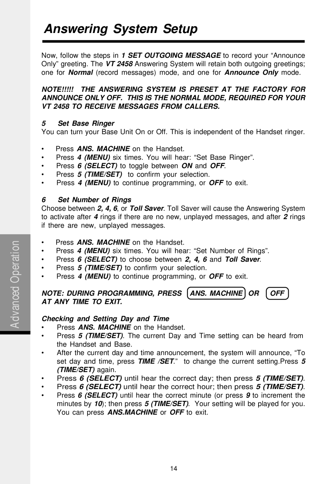 VTech 2458 important safety instructions Set Base Ringer, Set Number of Rings, Checking and Setting Day and Time 