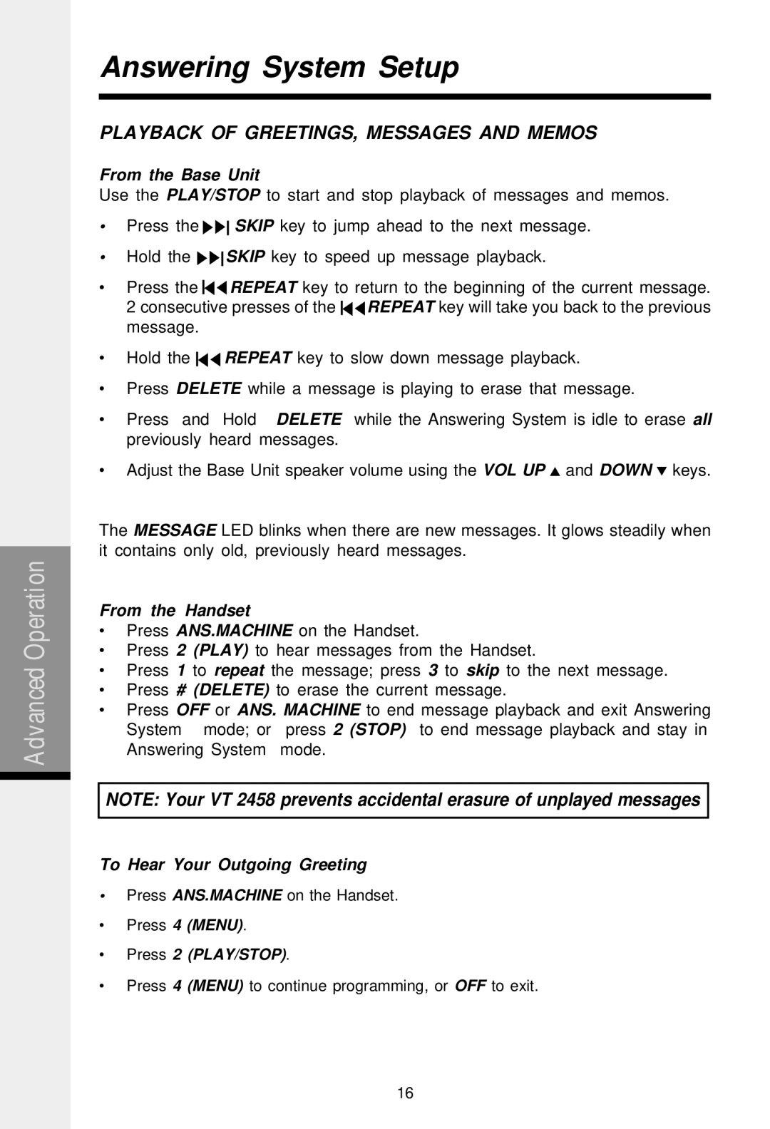 VTech 2458 From the Base Unit, From the Handset, To Hear Your Outgoing Greeting, Press 4 Menu Press 2 PLAY/STOP 