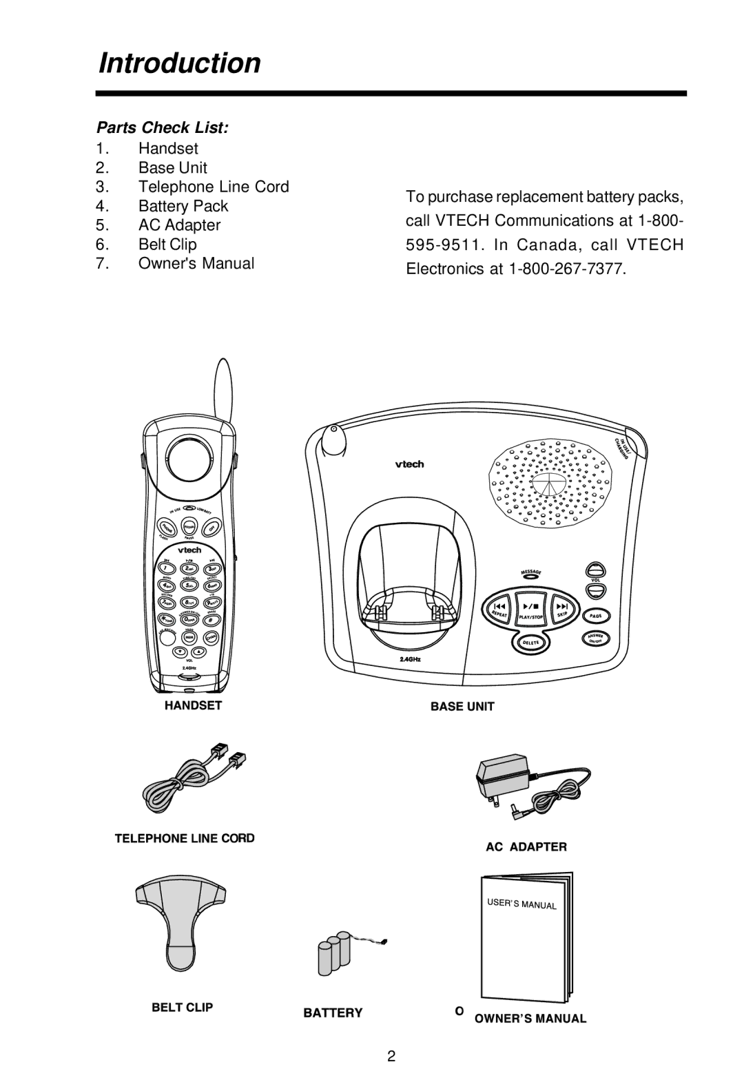 VTech 2458 important safety instructions Introduction, Parts Check List 