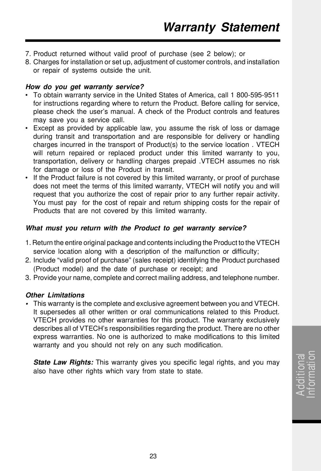 VTech 2458 important safety instructions How do you get warranty service?, Other Limitations 