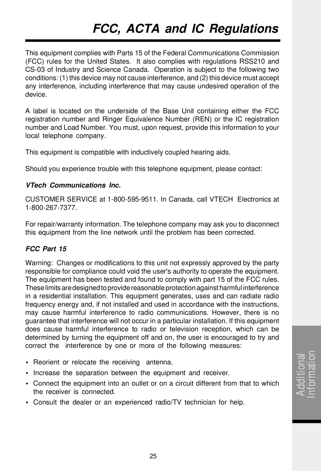 VTech 2458 important safety instructions FCC, Acta and IC Regulations, VTech Communications Inc, FCC Part 