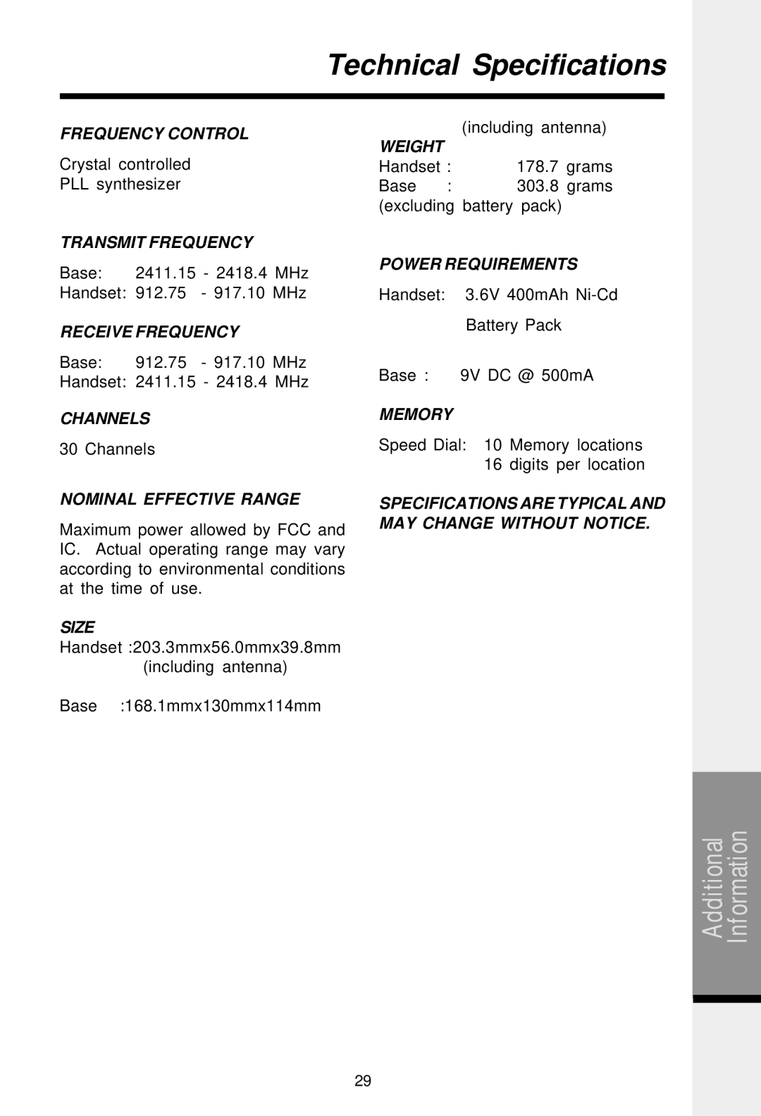 VTech 2458 important safety instructions Technical Specifications 