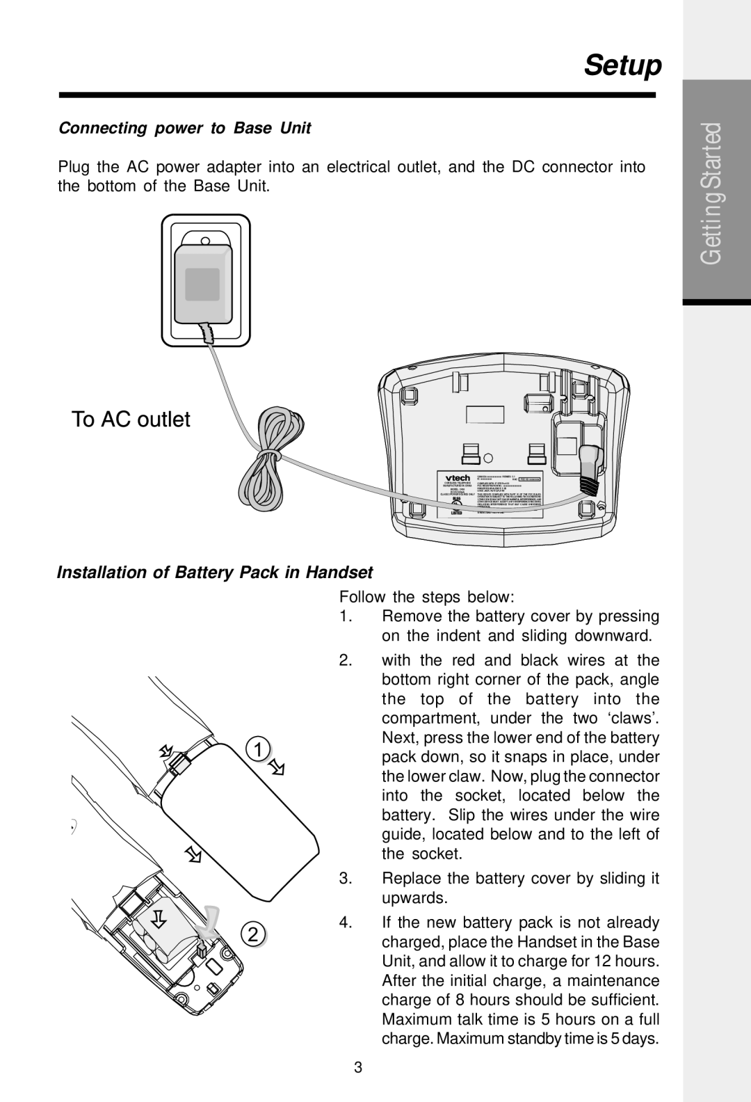 VTech 2458 important safety instructions Setup, Connecting power to Base Unit 